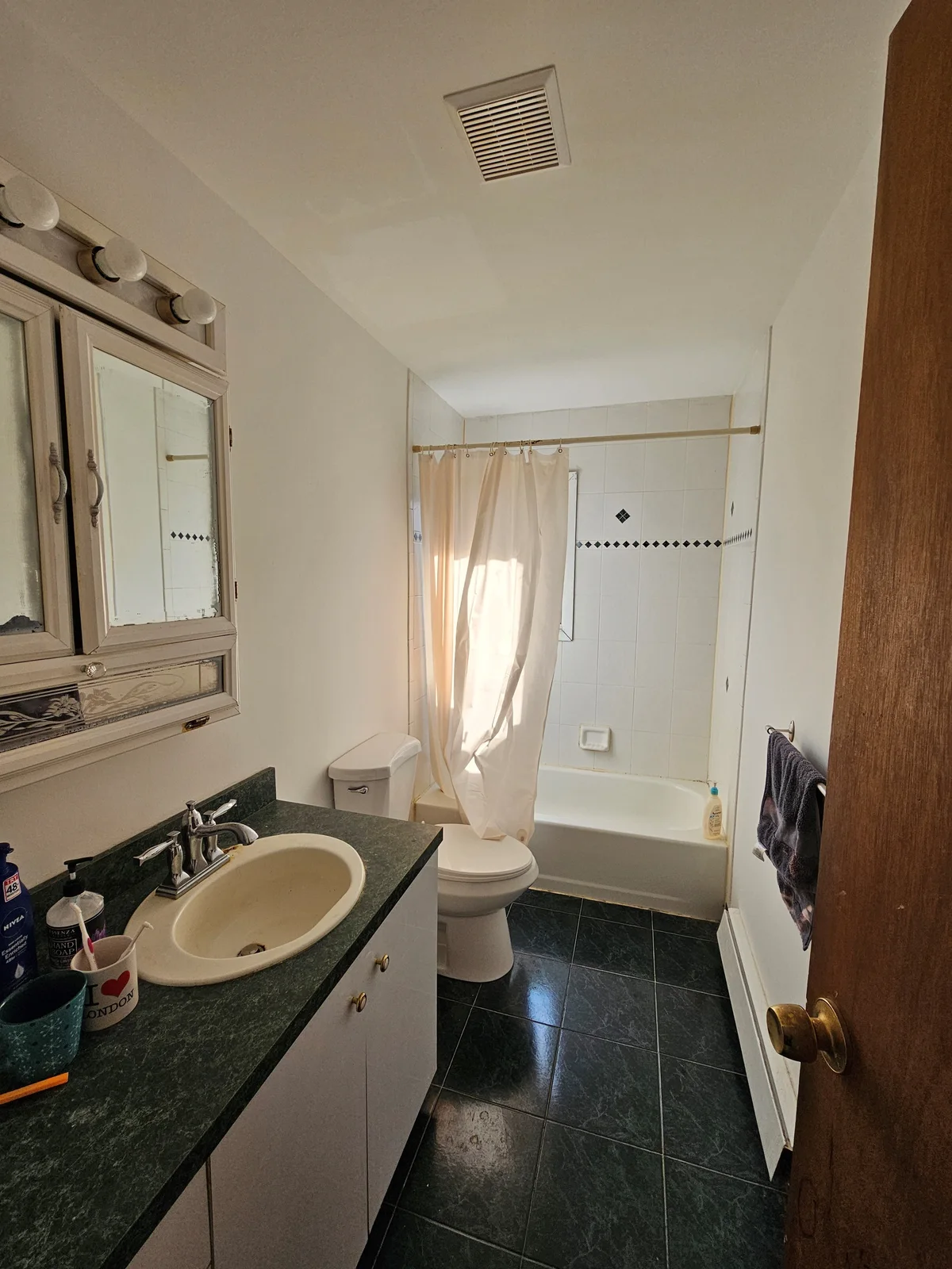 Finished Newburgh bathroom remodel with walk-in subway tile shower, black framed glass door, and black hex tile floor - photo 4