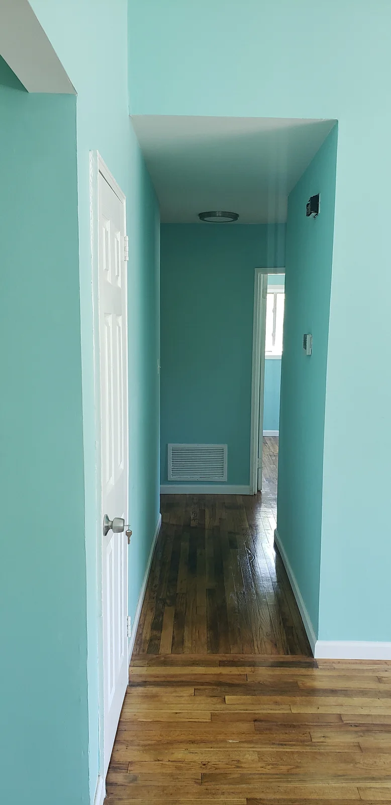 Finished rental property living room with teal walls, white trim, black entry door, large window, and refinished hardwood floor - photo 3